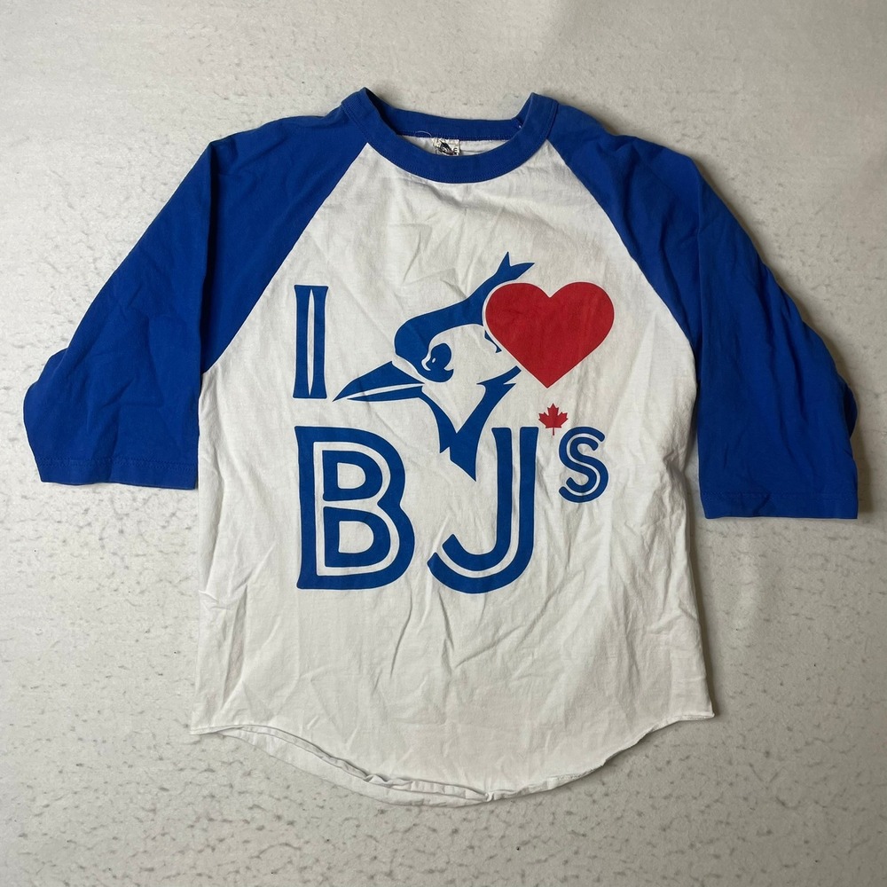 Toronto Blue Jays Baseball Raglan Shirt Mens Medium White Blue I Love BJs